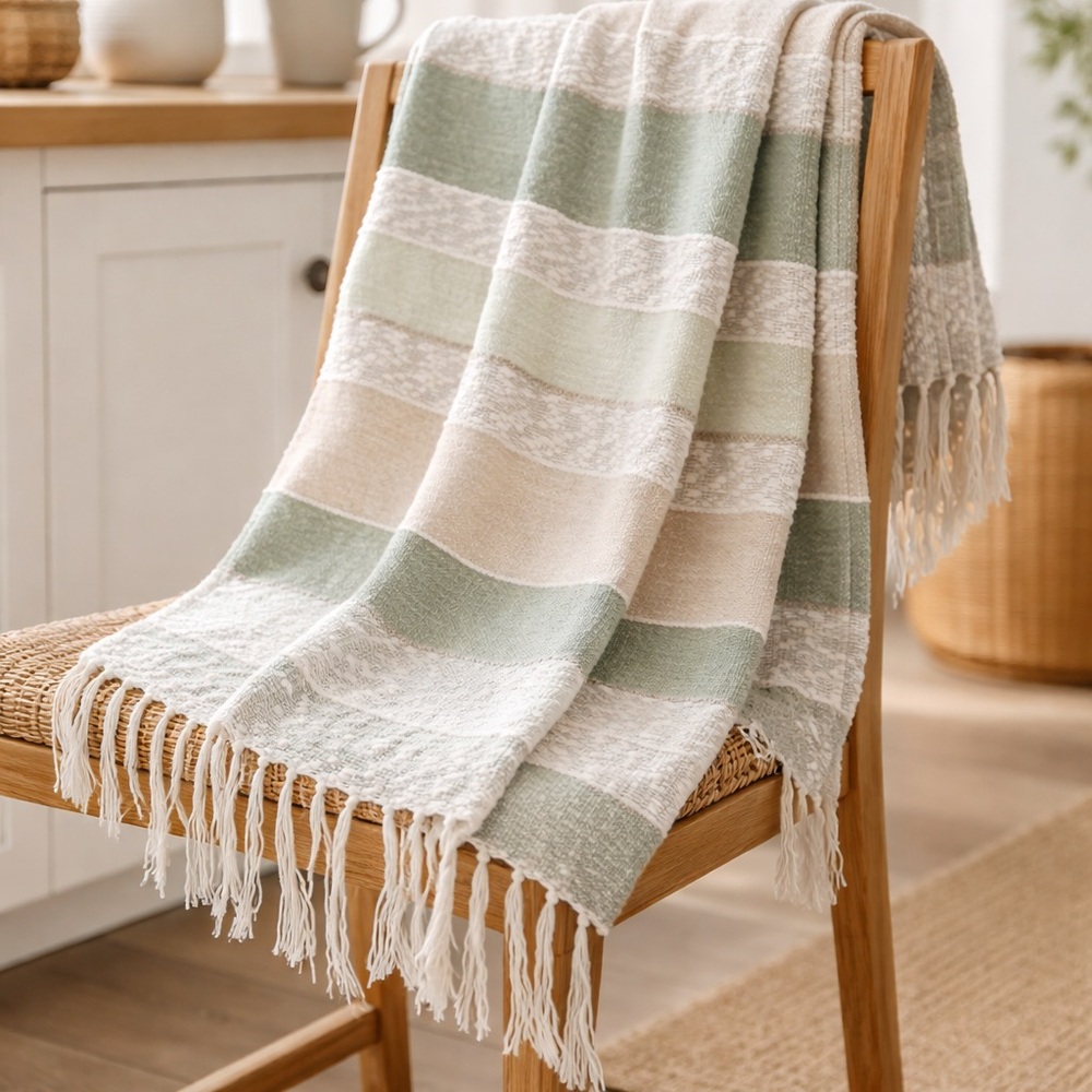 SHABBY CHIC by Rachel Ashwel Striped Textured Throw Blanket 4” Tassels#1220252